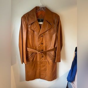 Women's Cognac Leather Trench Coat with Belt